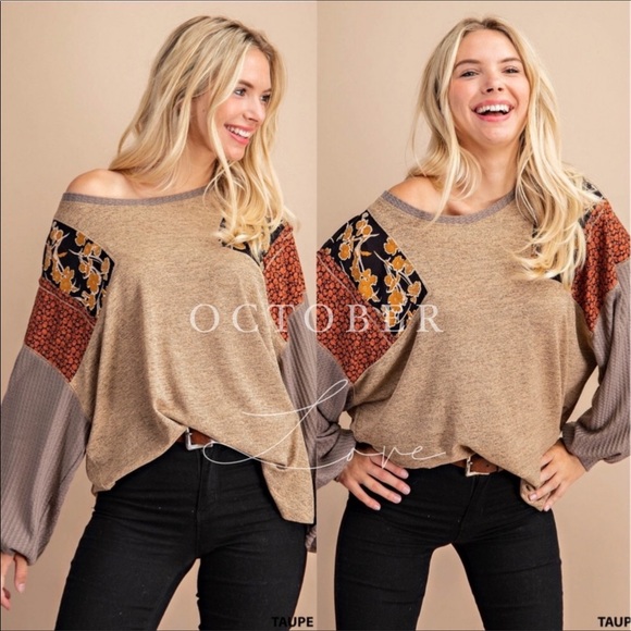 Kori Tops - TAUPE MIXED LONG SLEEVE 96% POLYESTER 4% SPANDEX